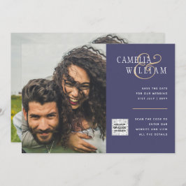 Paarse Huwelijksuitnodiging QR Code Bewaar Datum F Kaart