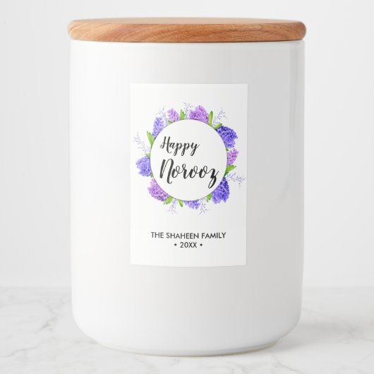 Paarse Hyacinth Wreater Nieuwjaar Happy Norooz Voedselcontainer Etiket (Voorkant)