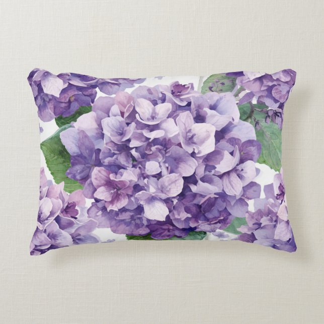 Paarse Hydrangea Aquarel Bloemige Lavendel Bloei  Accent Kussen (Voorkant)