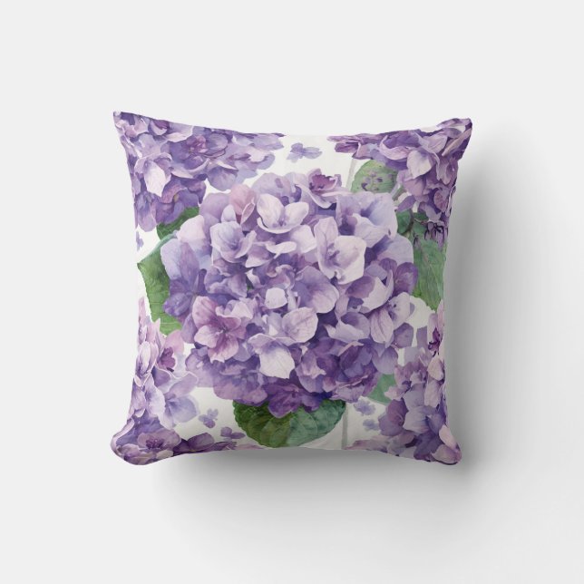Paarse Hydrangea Aquarel Bloemige Lavendel Bloei  Kussen (Voorkant)