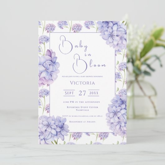 Paarse Hydrangea Baby in Bloom Baby shower Kaart (Staand voorkant)