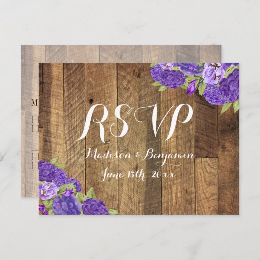 Paarse Hydrangea Barn Wood Wedding RSVP Briefkaart (Voorkant / Achterkant)