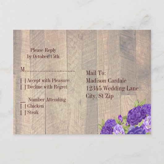 Paarse Hydrangea Barn Wood Wedding RSVP Briefkaart (Achterkant)