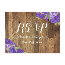 Paarse Hydrangea Barn Wood Wedding RSVP Briefkaart