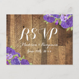 Paarse Hydrangea Barn Wood Wedding RSVP Briefkaart