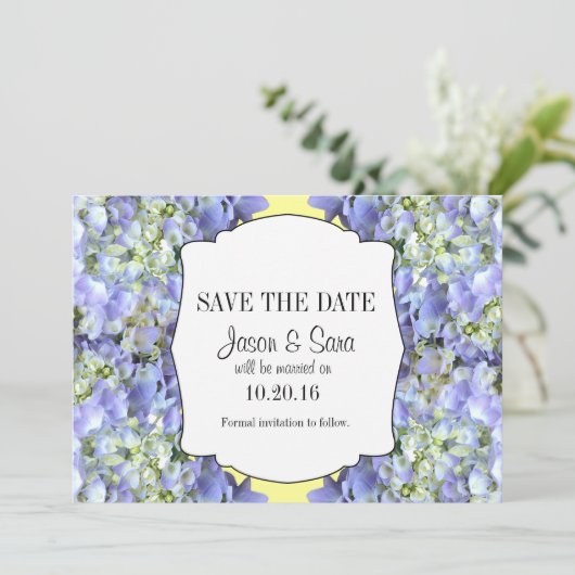 Paarse hydrangea Bewaar de aankondiging van de dat (Staand voorkant)