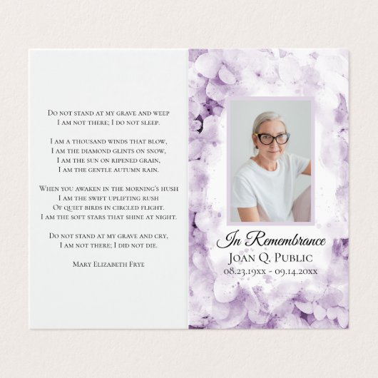 Paarse Hydrangea Bloem Waterverf Begrafenisgebed Visitekaartje (Buitenkant ongevouwen)