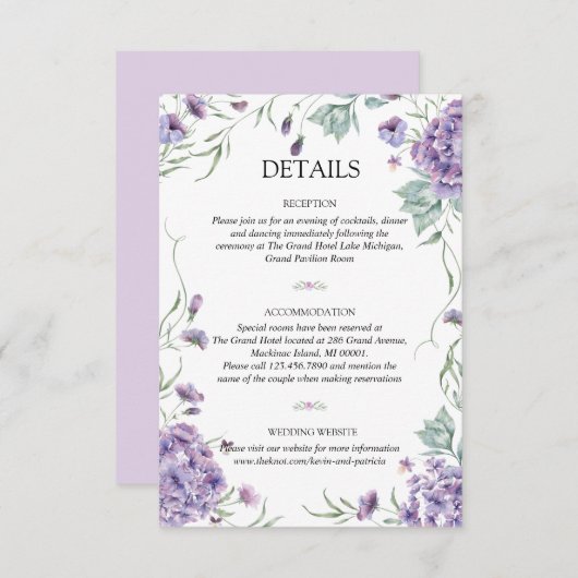 Paarse Hydrangea Bloemen Watercolor Trouwdetails Informatiekaartje (Voorkant / Achterkant)