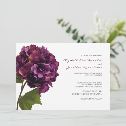 Paarse Hydrangea - bloemenbruiloft uitnodiging (Staand voorkant)