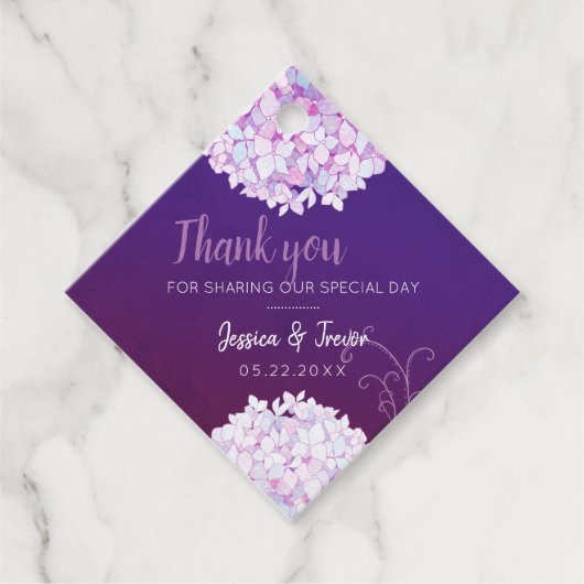 Paarse hydrangea Blooms Weddenschap Bedankjes Labels (Voorkant)