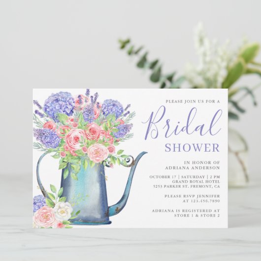 Paarse hydrangea Blush Roses Vrijgezellenfeest Kaart (Staand voorkant)