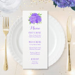 Paarse Hydrangea Boeket Waterverf Bloemenmenu's Menu<br><div class="desc">Deze trouwmenukaarten zijn voorzien van paarse hortensia bloemen. U kunt de tekststijlen en kleuren wijzigen door op de knop "Aanpassen" te klikken. Overeenkomende producten beschikbaar.</div>