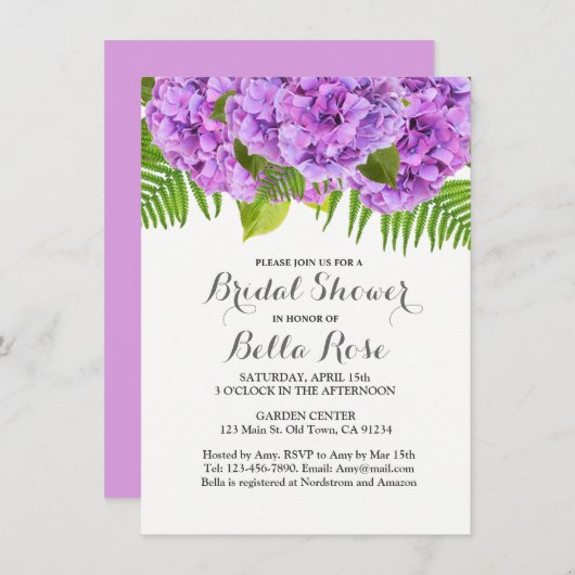 Paarse hydrangea bridal doucheuitnodiging kaart (Voorkant / Achterkant)