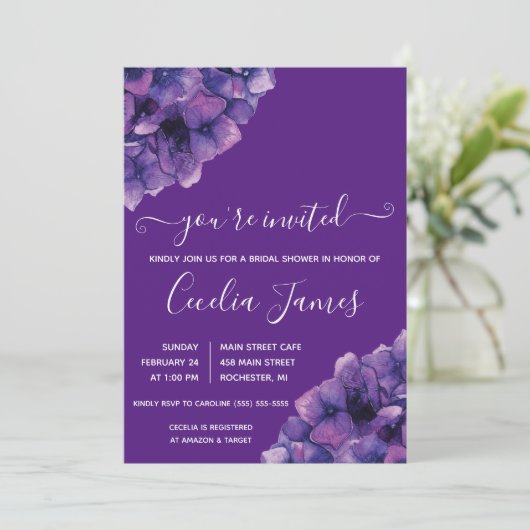 Paarse hydrangea Bridal Shower Kaart (Staand voorkant)
