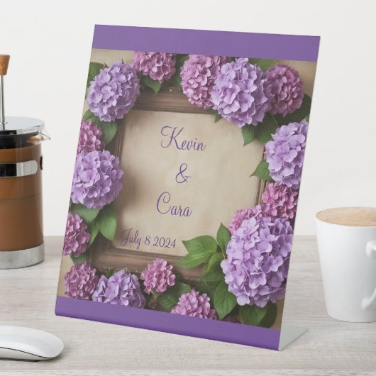 Paarse Hydrangea bruiloft Reclamebord Met Voetstuk (Insitu)