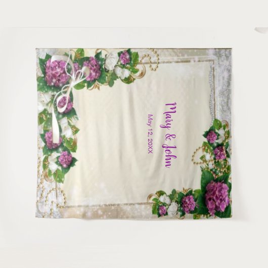 Paarse Hydrangea En Kant Bruiloft Achtergrond Wandkleed (Voorkant (horizontaal))