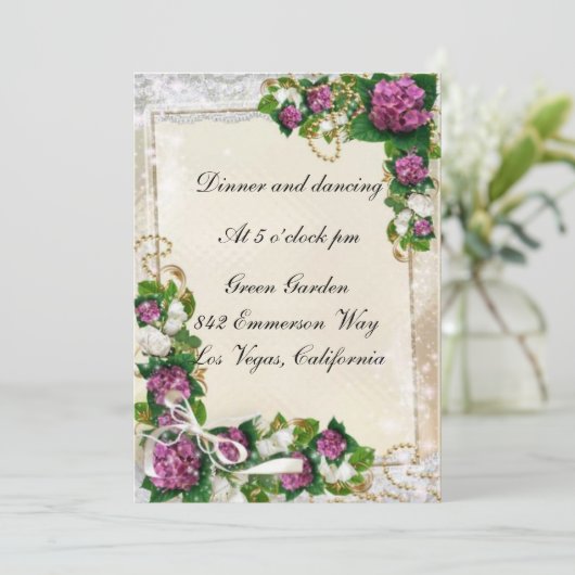 Paarse Hydrangea En Kant Recepcie Kaart (Staand voorkant)