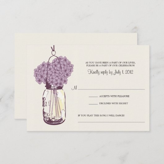 Paarse Hydrangea en Mason Jar Wedding RSVP (Voorkant / Achterkant)
