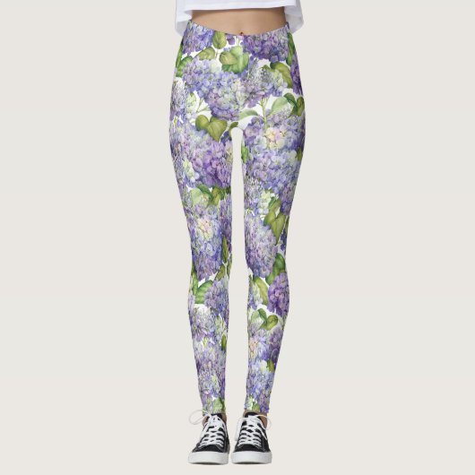 Paarse Hydrangea Floral Pattern Leggings (Voorkant)