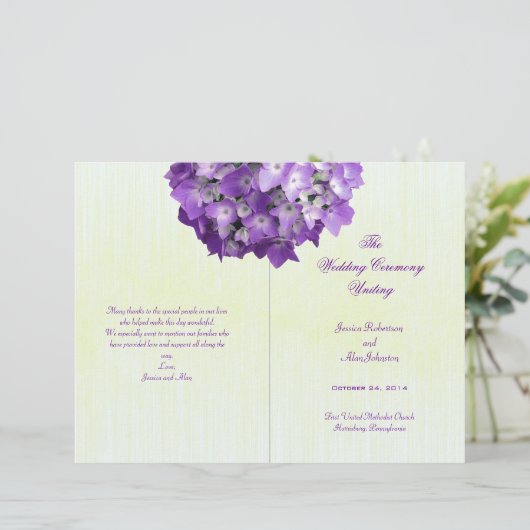 Paarse Hydrangea Folded Wedding Program Sjabloon (Staand voorkant)