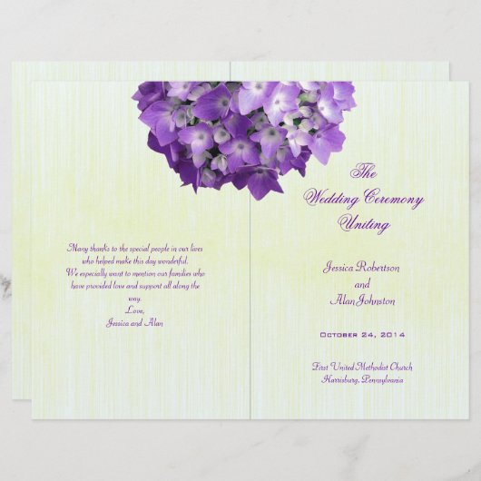 Paarse Hydrangea Folded Wedding Program Sjabloon (Voorkant / Achterkant)