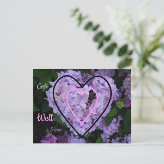 Paarse hydrangea in het hart Haal snel Briefkaart (Staand voorkant)