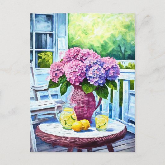 Paarse Hydrangea met limonade op rieten veranda Briefkaart (Voorkant)