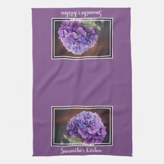 Paarse hydrangea op foto van Mason Jar Theedoek (Verticaal)