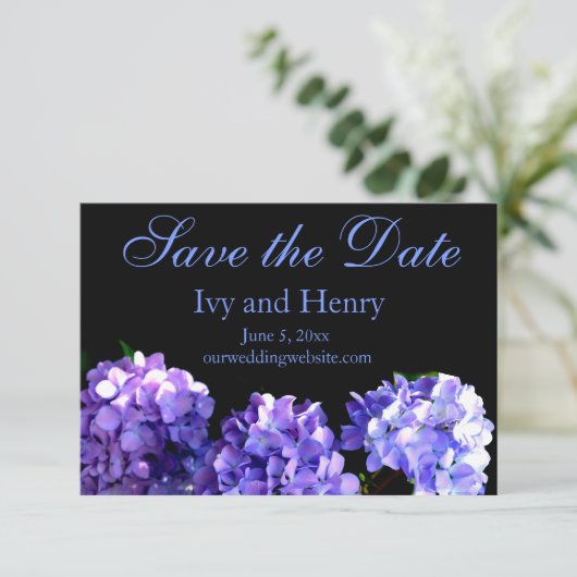 Paarse hydrangea paarse bloem Bewaar datum Save The Date (Staand voorkant)
