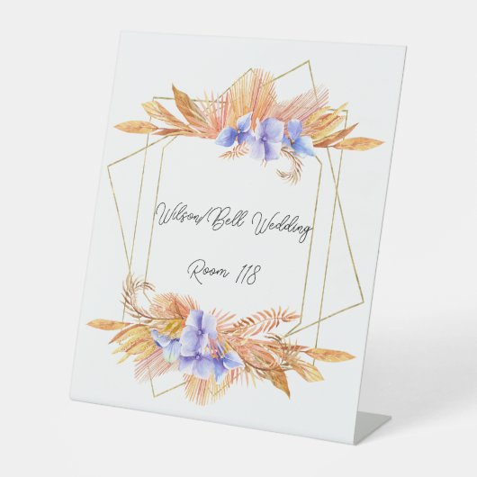 Paarse hydrangea Petals Geometric Lijst Wedding Reclamebord Met Voetstuk (Voorkant)