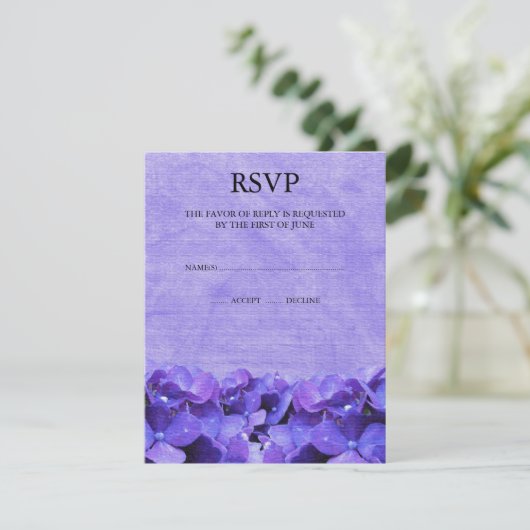 Paarse hydrangea RSVP-responskaarten RSVP Kaartje (Staand voorkant)