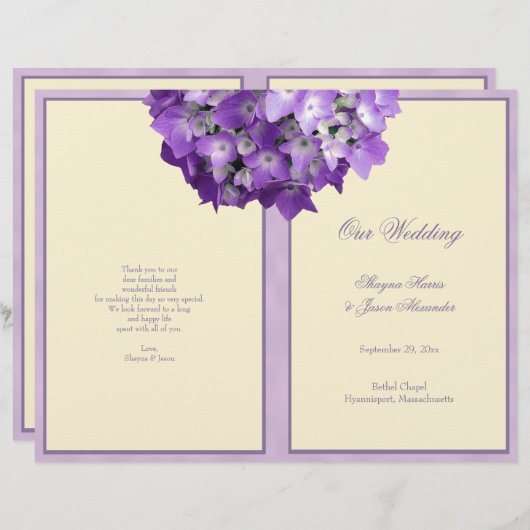 Paarse hydrangea Wedding Program of White (Voorkant / Achterkant)