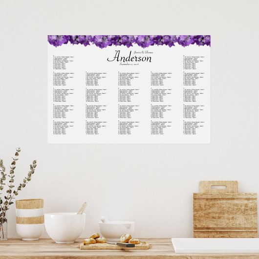 Paarse hydrangea Wedding Reception Zitkaart Poster (Keuken)