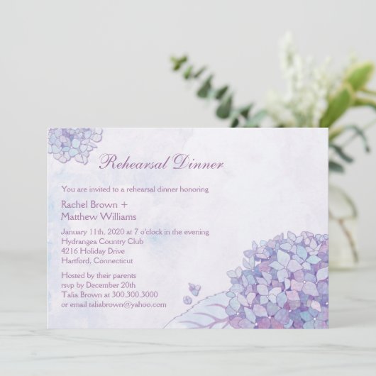 Paarse hydrangea Wedding Rehearsal Dinner Kaart (Staand voorkant)
