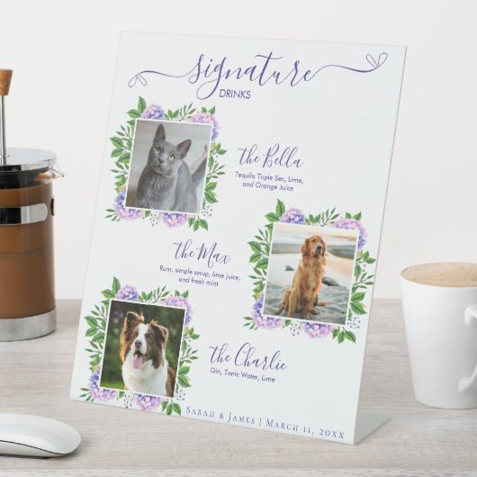 Paarse Hydrangeas 3 Foto Huisdier Signature Drink Reclamebord Met Voetstuk (Insitu)