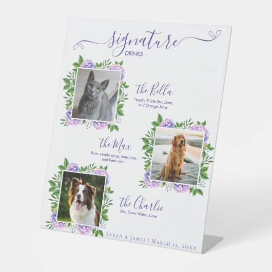Paarse Hydrangeas 3 Foto Huisdier Signature Drink Reclamebord Met Voetstuk (Voorkant)