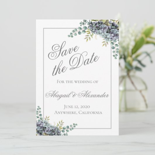 Paarse Hydrangea's Eucalyptus Save The Date Kaart (Staand voorkant)