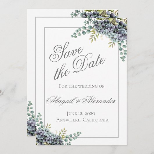 Paarse Hydrangea's Eucalyptus Save The Date Kaart (Voorkant / Achterkant)