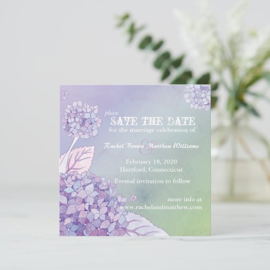 Paarse Hydrangeas Ombre Wedding Save the Date (Staand voorkant)