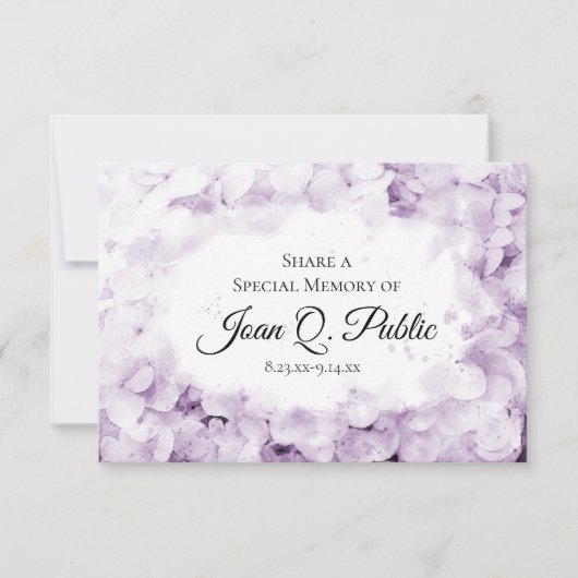 Paarse Hydrangeas Waterverf Geheugenbegrafenis Notitiekaartje (Voorkant)