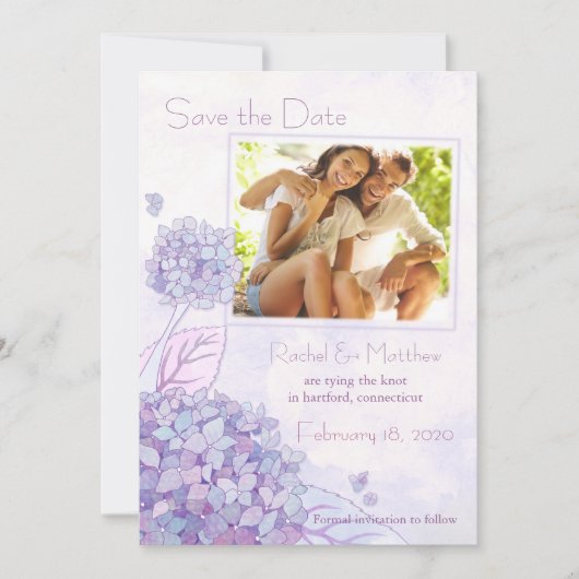 Paarse hydrangeas Wedding Foto Save the Date (Voorkant)