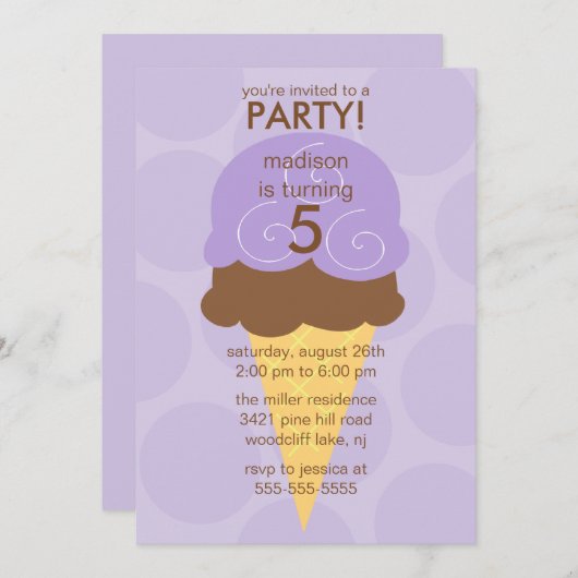 Paarse Ice Cream Cone Birthday Kaart (Voorkant / Achterkant)