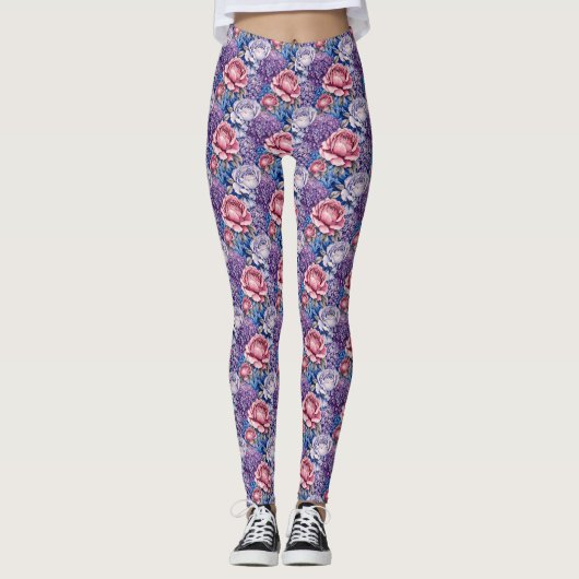 Paarse Icy Blue en Ruddy Bloemen Leggings (Voorkant)