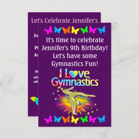 PAARSE IK HOU VAN GYMNASTIEKUITNODIGING KAART (Voorkant / Achterkant)