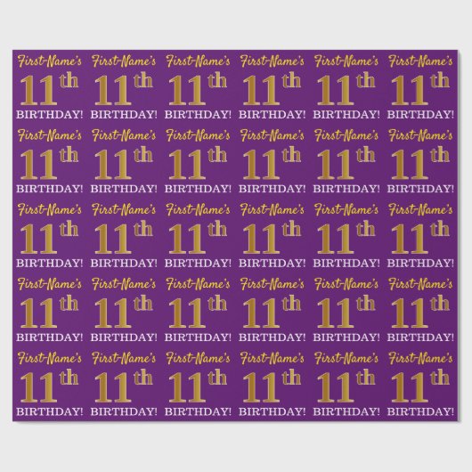 Paarse, imitatie Gold look "11e BIRTHDAY" Cadeaupapier (Vlak)