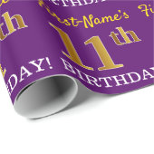 Paarse, imitatie Gold look "11e BIRTHDAY" Cadeaupapier (Rol Hoek)