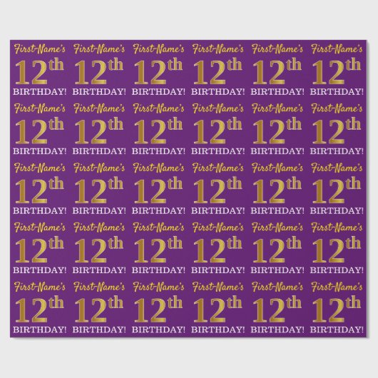 Paarse, imitatie Gold look "12e BIRTHDAY" Cadeaupapier (Vlak)