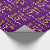 Paarse, imitatie Gold look "15e BIRTHDAY" Cadeaupapier (Hoek)