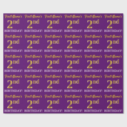 Paarse, imitatie Gold look "2e BIRTHDAY" Cadeaupapier (Vlak)