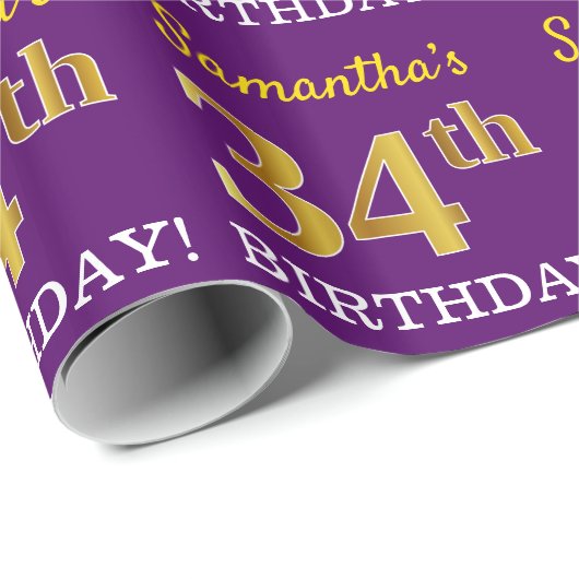 Paarse, imitatie Gold look "34e BIRTHDAY" Cadeaupapier (Rol Hoek)